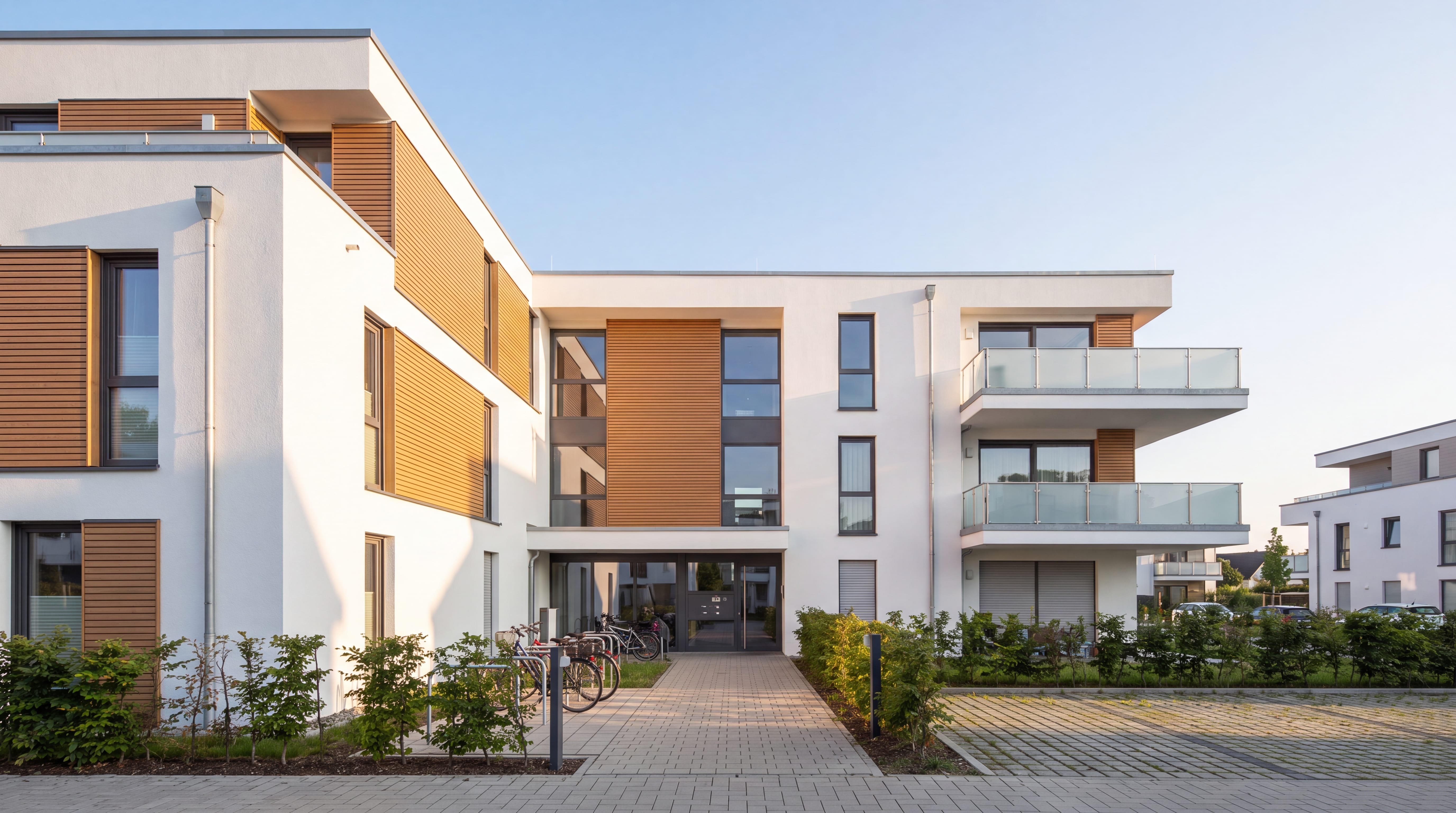 KI-generiertes Beispielobjekt: modernes Neubau-Mehrfamilienhaus